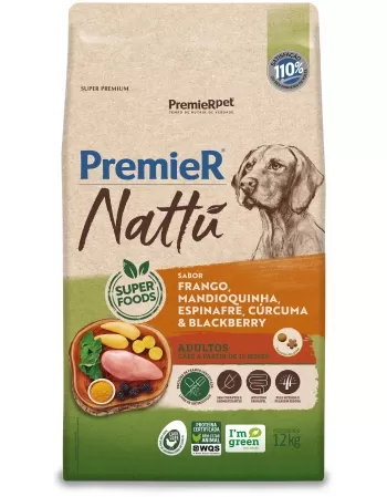 PremieR Nattu Cães Adultos Frango, Mandioquinha, Espinafre, Cúrcuma & Blackberry 12KG
