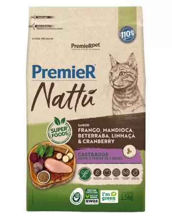 PremieR Nattu Gatos Castrados Frango, Mandioca, Beterraba, Linhaça & Cranberry 1,5KG